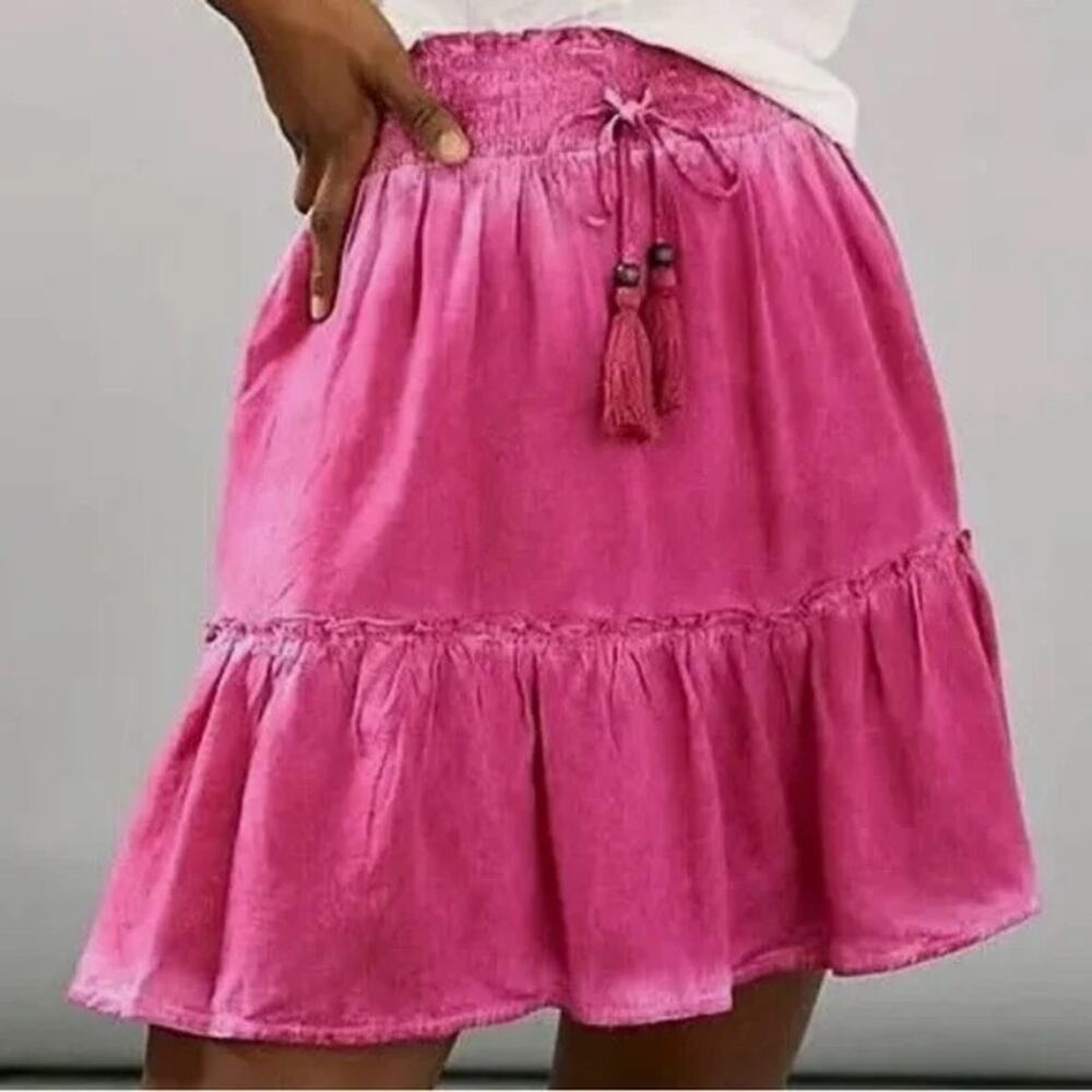 Anthropologie Pilcro Linen Blend Ruffle Hem Bohemian Tassel Skirt Size Small